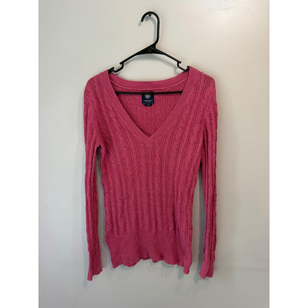 American Eagle Pink Cable Knit V-Neck Sweater Long Sleeve Women Large